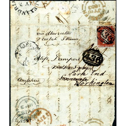 280 - 1853 COVER TO GB REDIRECTED WITH IMPERF. 1d RED - 7 July 1853 part E (front plus two flaps) to Lanca... 