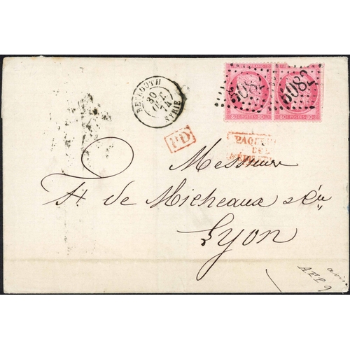 344 - FRENCH PO IN THE LEVANT; 19th/20th Century group inc. 1874 E to Lyon franked France 80c pair tied by... 