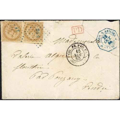 349 - SENEGAL EARLY FRANKED MILITARY MAIL; Trio with 1865/70 env./front to France each franked pair 10c Ea... 