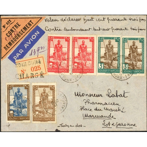 363 - FRENCH SUDAN LATER FRANKINGS; Range with 1934 'MANDAT-CARTE' to France franked 75c tied by Segou cds... 