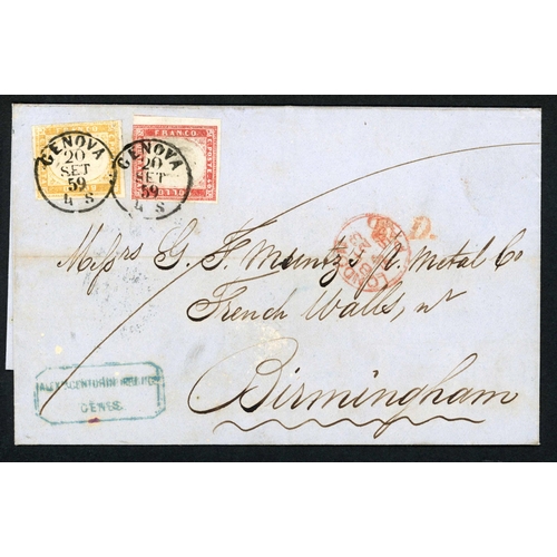 463 - SARDINIA - EARLY COVER FROM GENOA TO BIRMINGHAM: 20 Sep. 1859 wrapper from Genoa to Birmingham, UK f... 