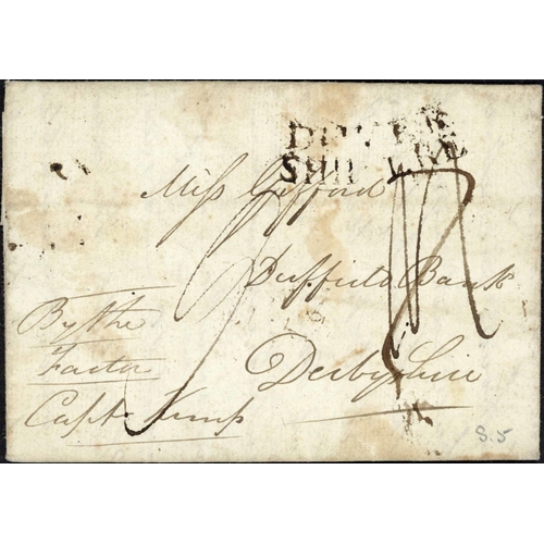 49 - CURVED DOVER SHIP LETTER MARK; 2 June 1798 EL (few blemishes) 'By the Factor/Capt Kemp' to Derbyshir... 