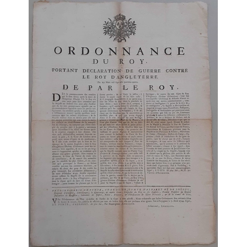 53 - ** WAR OF THE AUSTRIAN SUCCESSION - ORIGINAL FRENCH DECLARATION OF WAR WALL POSTER; 7 Apr. 1744 larg... 