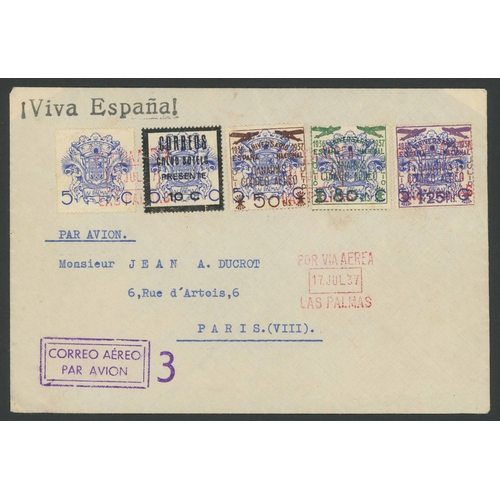 704 - 1937 RARE FIRST ANNIV. OF UPRISING 'ONE DAY ONLY' CANCEL: 17 July 1937 Air Mail from Las Palmas to P... 