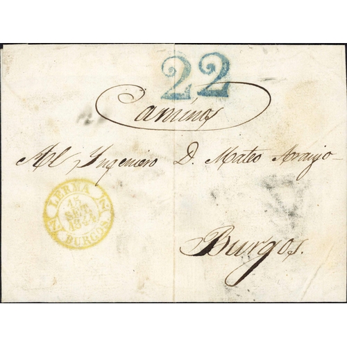 710 - 'BEAZA' COLOURED DATESTAMPS GROUP; Range on annotated leaves with 1844 E to Medina del Campo with 