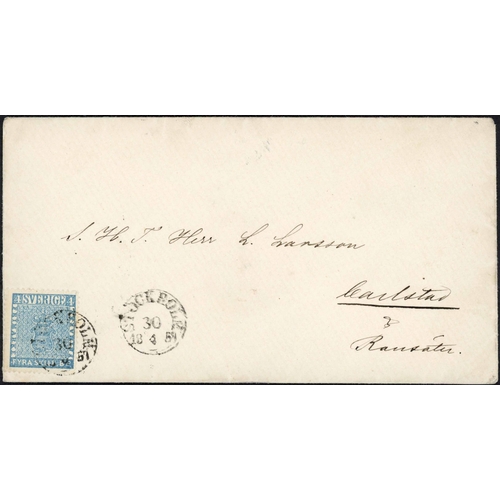 720 - 4sk FRANKINGS GROUP; Range with 17 Oct. 1855 env. (mildly toned) to Strömstad franked 4s Blue and ti... 