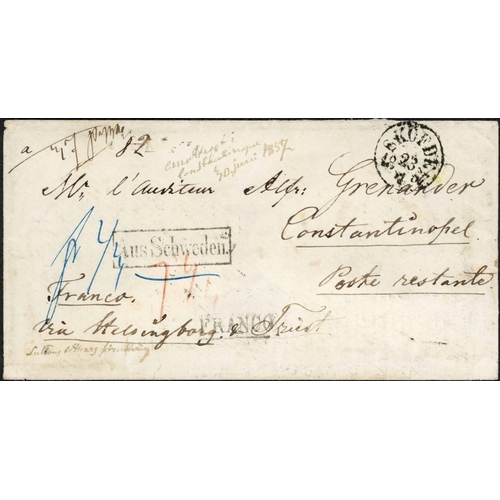 721 - STAMPLESS FOREIGN MAIL; Quartet with 1856 EL to Kissengen 'via Helsingborg' rated '27'sk with Varber... 