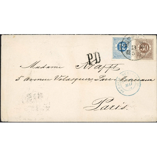 727 - NUMERAL ISSUES FRANKINGS TO EUROPE/USA; Range with 5 Dec. 1873 EL (file fold clear of franking) to L... 