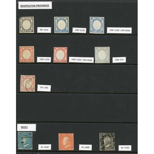 460 - NEAPOLITAN PROVINCES & SICILY: Mint & used range on stock sheet. Includes 1851 1g, 2g (2), 5g (2) & ... 