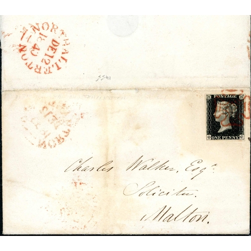 1027 - PLATE 6 - OC, STATE 1 - Dec. 1840 EL ex Thornton-le-Moor to Malton with fine four margin 1d black ti... 