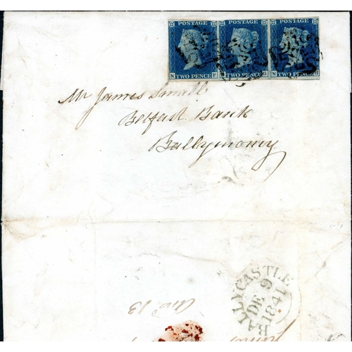 1071 - PLATE 2 - NF-NH - ON IRISH COVER - 9 Dec. 1841 EL (filing creases inc. through one stamp) to Ballymo... 