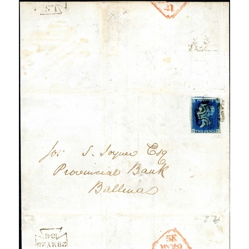 1072 - PLATE 2 - DK - ON COVER TO IRELAND - 28 May 1841 E to Ballina with 2d blue having four mostly large ... 