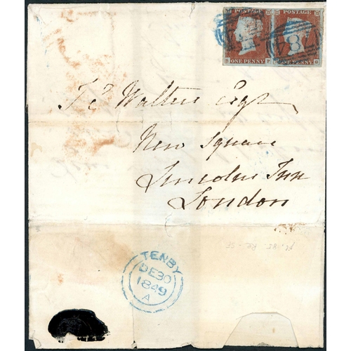 1119 - PLATE 85 - SF-SG - PAIR ON COVER WITH BLUE WELSH CANCELS - Dec. 1849 E (faults) to London with four ... 