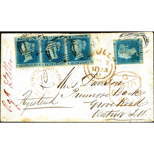 1135 - PLATES 3 & 4 - RARE COMBINATION USE OF BOTH PLATES ON REG. COVER TO IOW - Apr. 1853 env. (part flap ... 