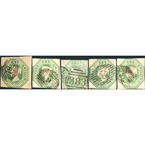 1188 - 1847 1/- GREEN GROUP OF FIVE - four cut square all cut into to more or less degree, one of four marg... 