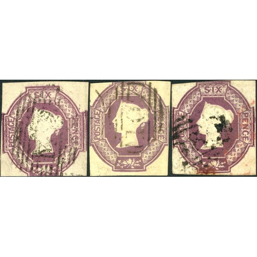 1191 - 1854 6d PURPLE TRIO - two have three margins, the other has one margin; presentable examples. (3)