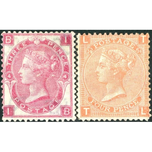 1202 - 1865 3d ROSE PLATE 4 & 1873 4d VERMILION PLATE 14, BOTH UNUSED - no gum, 3d rose with a few short pe... 