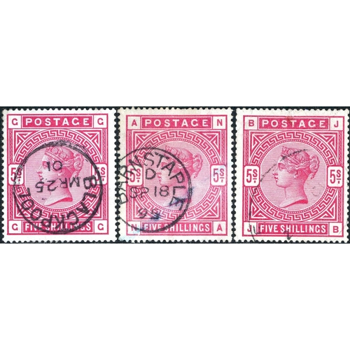 1235 - 1883 5/- ROSE/CRIMSON - used group of five, all with neat cds cancels. SG180. (5)