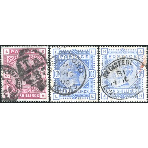 1236 - 1883 5/- ROSE & 10/- ULTRAMARINE USED - 5/- rose possibly on lightly blued paper, heavy cancel and s... 