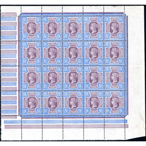 1262 - 9d PURPLE & BLUE PANE OF TWENTY - selvedge all around, mounted in the margin though encroaching on o... 