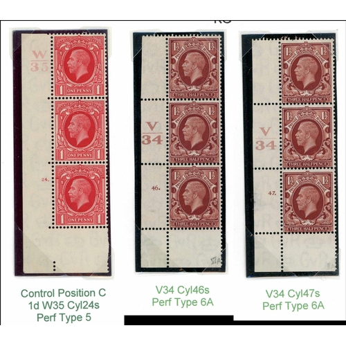 1332 - 1d SCARLET & 1½d RED-BROWN PHOTOGRAVURE CYLINDER PIECES ON PAGES - inc. 1d W35 cyl. 24 dot scarce pe... 