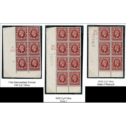 1332 - 1d SCARLET & 1½d RED-BROWN PHOTOGRAVURE CYLINDER PIECES ON PAGES - inc. 1d W35 cyl. 24 dot scarce pe... 