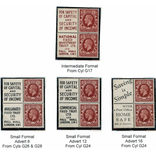 1333 - PHOTOGRAVURE PART 1½d PANES WITH ADVERTS. - scarce group of four part panes, missing the selvedge an... 