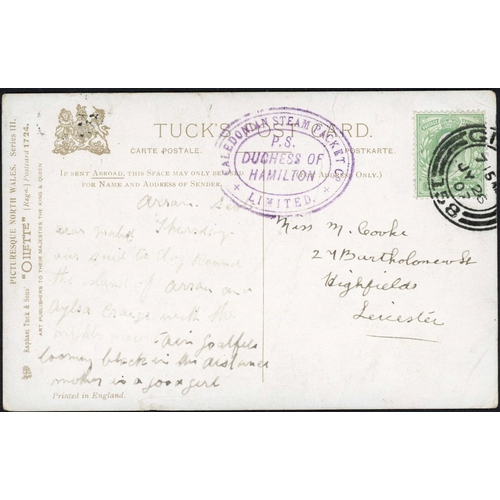 1845 - DUCHESS OF HAMILTON STEAMER MAIL; Range with 1907 or 1908 PPC's to Leicester or Irvine franked ½d ti... 