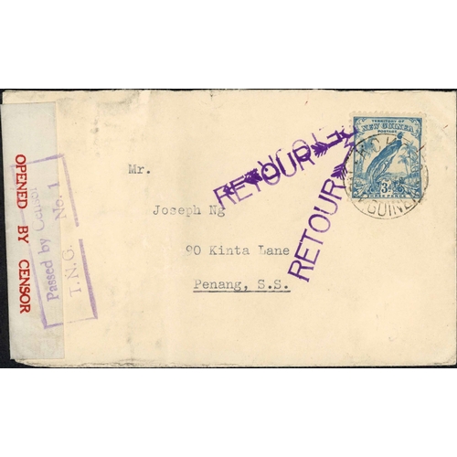 211 - ** MALAYSIA SERVICE SUSPENDED INWARDS MAIL; Trio with 1941 censored env. to Penang franked New Guine... 