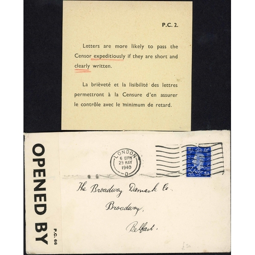 268 - ** CONTAINING UNCLEARED CORRESPONDENCE; Pair with 29 May 1940 censored env. to Belfast franked KGVI ... 