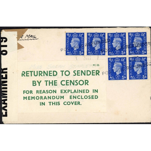 269 - ** RETURNED DUE TO SENSITIVE DETAIL; Aug. 1941 censored airmail env. to USA franked KGVI 2½d (6) tie... 