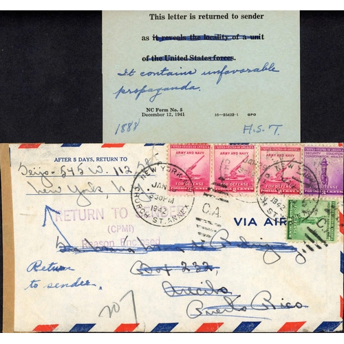 373 - ** USA VIOLATION SLIPS; Range with 1942 censored airmail env. to Porto Rico franked 2c (3), 3c & 1c ... 