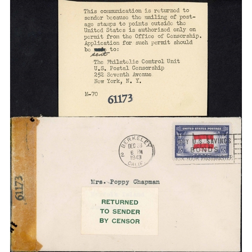 380 - ** USA POSTAGE STAMPS BY MAIL VIOLATIONS; Pair with 1943 censored env. to Norfolk Is. (Australia) wi... 