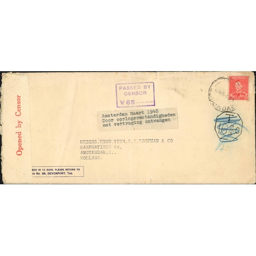 387 - ** AUSTRALIA MAIL TO NETHERLANDS; Pair with 1940 censored env. to Amsterdam franked GB KGVI 1d (2) +... 