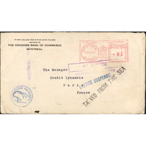 391 - ** CANADA MAIL TO EUROPE; Pair with 1940 3c meter-franked env. to Paris ex Montreal with framed 