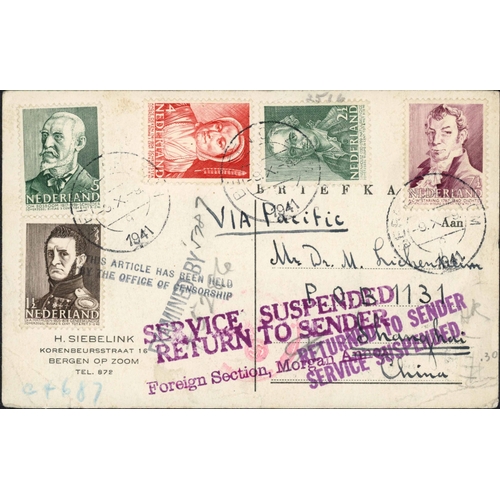 397 - ** CHINA INCOMING MAIL FROM NETHERLANDS; Oct. 1941 plain censored PC to Shanghai with Netherlands ph... 