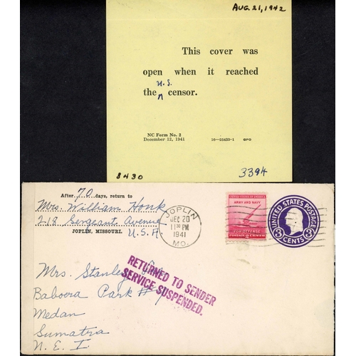 410 - ** NETHERLANDS INDIES INGOING MAIL; Trio with 1941 usa 3c env. to Sumatra uprated 2c with 