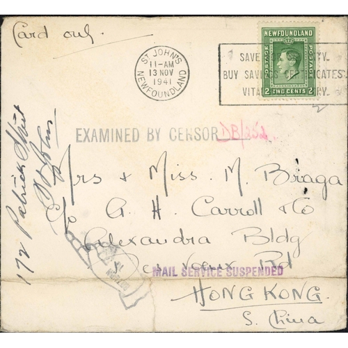 414 - ** NEWFOUNDLAND MAIL TO ASIA; Trio with 13 Nov. 1941 envs. to Hong Kong endorsed 'Card only' and fra... 