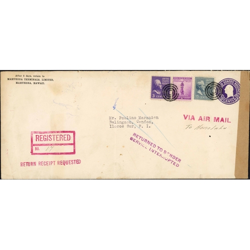 415 - ** PHILIPPINES MAIL EX HAWAII; 19 Dec.1941 USA 3c censored env. to Ilocos Sur uprated 3c (2) & 15c e... 