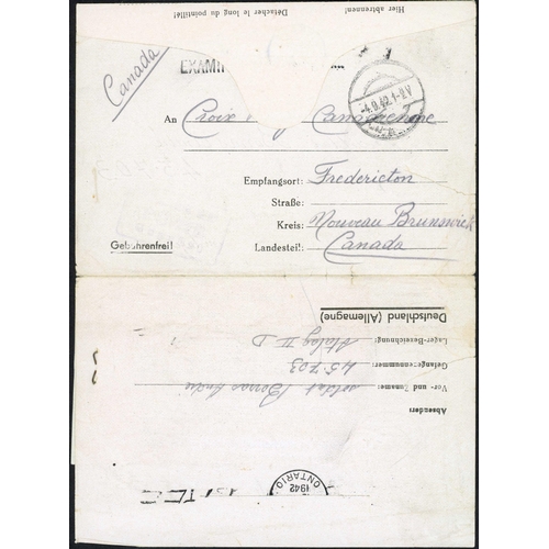 431 - ** GERMAN POW FORM WITH CANADIAN LABEL AFFIXED; 4 Sep. 1942 German POW lettersheet (closed tear) ex ... 