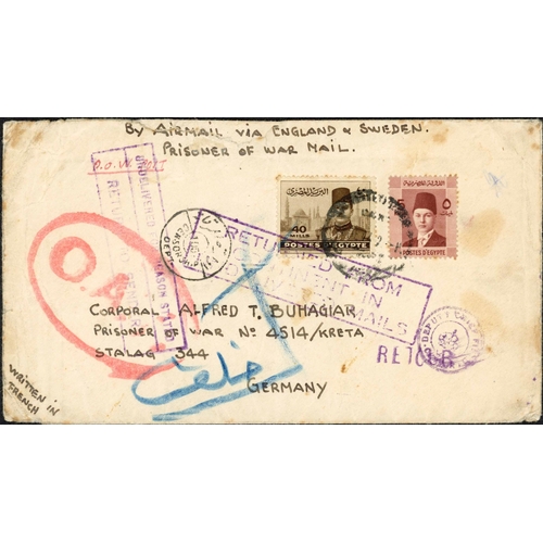 452 - ** GB TRANSIT POW MAIL; Pair with 1944 censored airmail env. to Stalag 344 in Germany franked Egypt ... 