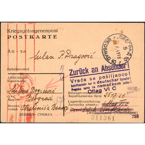 454 - ** GERMANY POW MAIL VIOLATIONS; Range with 1941 POW PC to Oflag IV C in Isnabruck ex Belgrade with 