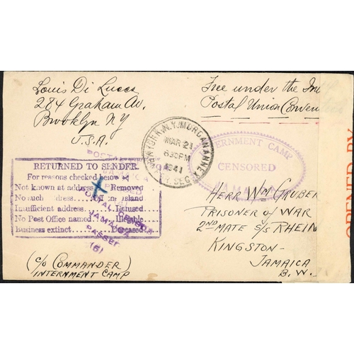 458 - ** US MAIL TO JAMAICA; Mar. 1941 censored unfranked env. to German POW in Kingston ex Ny endorsed 'F... 