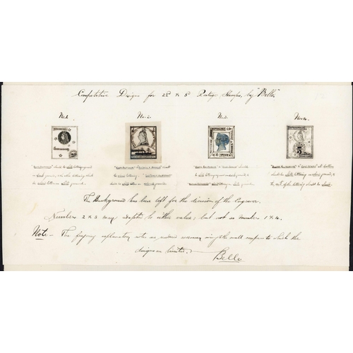 539 - ** c1891 DESIGN COMPETITION; Four stamp-size pen & ink designs  by 'Belle' on a single fragment (one... 