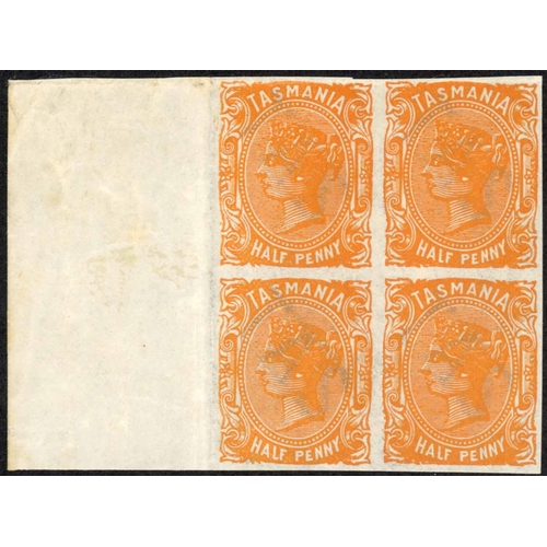 566 - 1891 ½d ORANGE; Imperf mint marginal block of four, unmounted and faint creasing in the margin. Scar... 