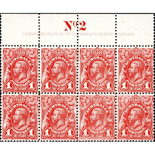 591 - 1913 1d RED/PALE RED KGV ENGRAVED PLATE/IMPRINT BLOCKS - plates 1 to 4 blocks of eight, plate 2 is u... 