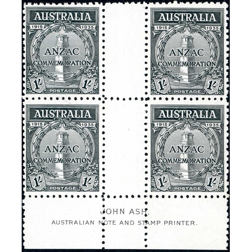 597 - 1934-36 COMMEMS. ASH IMPRINT BLOCKS OF FOUR - almost all unmounted; 1934 Macarthur 2d red light hill... 