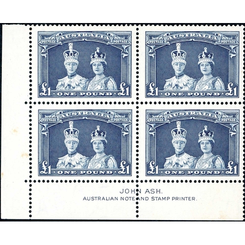 601 - 1937 CORONATION ROBES IMPRINT BLOCKS - 5/- lake & 10/- purple thick paper each with both Ash & By Au... 