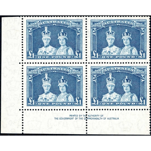 601 - 1937 CORONATION ROBES IMPRINT BLOCKS - 5/- lake & 10/- purple thick paper each with both Ash & By Au... 