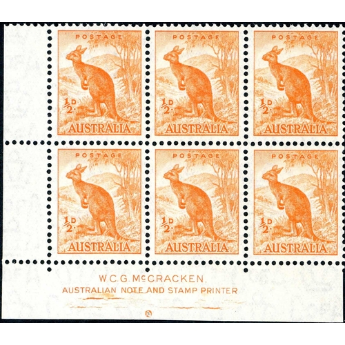 602 - 1937 ½d to 2d DEFINS. IMPRINT BLOCKS GROUP - inc. ½d orange CofA McCracken block of six with late st... 